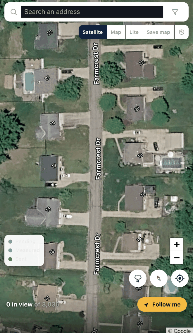 QwikQuote app satellite view of Farmcrest Drive, with address search, map layers, pin legend, and Follow me control