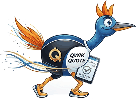 Qwik, the QwikQuote roadrunner, running with a phone showing a finished quote
